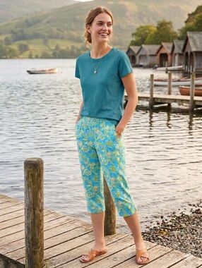Shenanigans Sz L Turtle Print Pullon Crop Elastic Pants Blue Green Mosaic Beachy